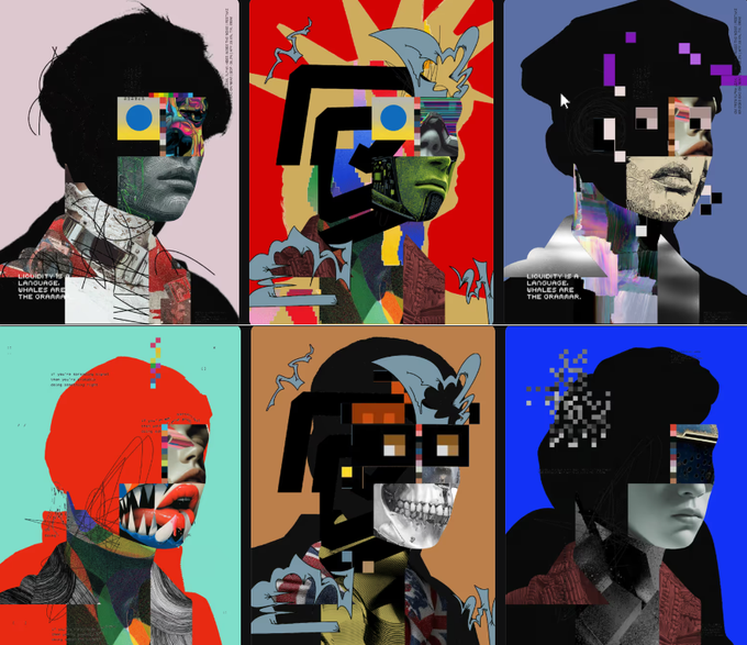 A 2x3 grid of glitch art portraits depicting the members of the band The Orrrrr, featuring digital distortion, pixelation, and bold contrasting colors.