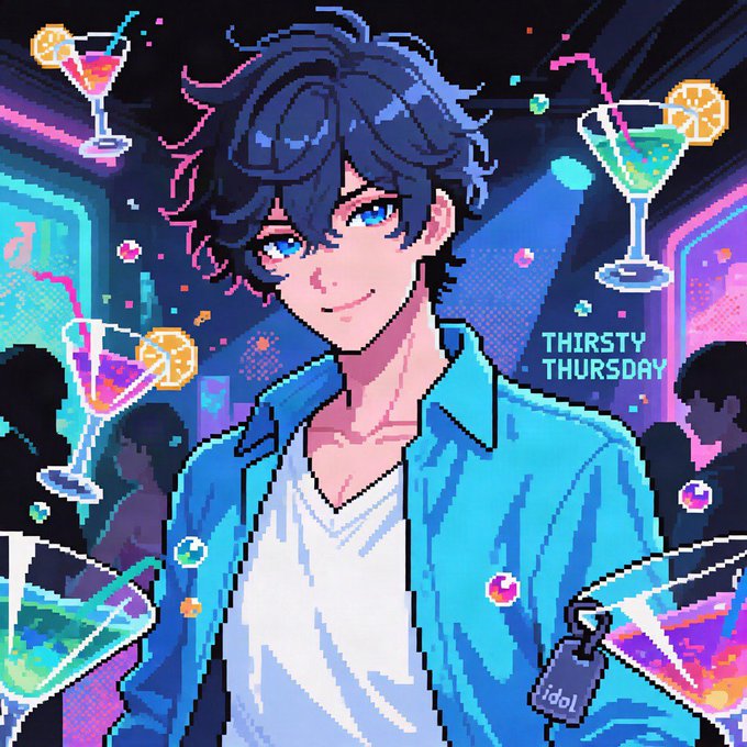 Vibrant pixel art illustration by Animarc.art features a blue-haired anime-style young man surrounded by colorful cocktail glasses, neon lights, and confetti, with "THIRSTY THURSDAY" and "#IDOL64" prominently displayed, visually celebrating the Thursday "GM IDOL64" community post in a lively nightlife aesthetic.