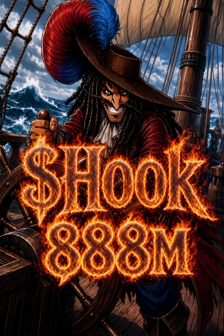 Digital artwork depicts a pirate character with a red and blue feathered hat grinning behind a fiery logo reading 'SHOOK 888M'.