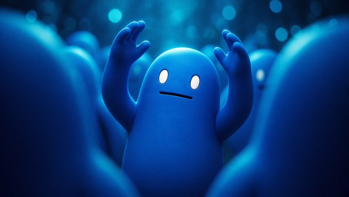 A blue cartoon-like character with raised arms stands among similar figures in a blue-lit scene, featuring a simple straight-line mouth and dot eyes.