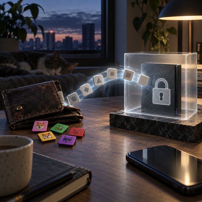 An AI-generated digital artwork depicting a cozy desk scene with a cat in the background, where stylized icons appear to float from a leather wallet into a glowing transparent safe with a lock symbol, alongside a smartphone and dog-themed square tokens.