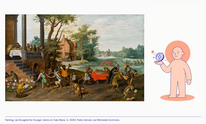 Jan Brueghel the Younger's satirical painting 'Satire on Tulip Mania' (c. 1640) showing monkeys conducting a flower trade, paired with a cartoon figure holding a coin.