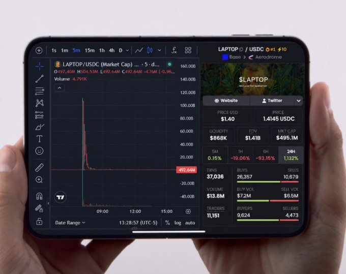 A hand holds a foldable tablet displaying a TradingView chart for the LAPTOP/USDC memecoin, which shows a massive price spike to roughly $1.40 (a +93.15% 1-hour gain) before dumping to $492.64M with a market cap of $495.1M and $13.8M volume. The setup humorously contrasts the user's "new trading gear" with the classic memecoin rug-pull chart, suggesting their flashy device arrived just in time to watch their portfolio evaporate.