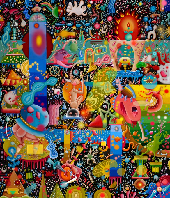 The image is an abstract painting, featuring a colorful chaos of different shapes and patterns. The overall scene appears vibrant and creative with a variety of shapes and colors filling up most of the canvas space. While there might be some text present on this particular image, the main focus is on the chaotic yet intriguing nature of the artwork itself.