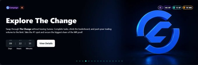 A promotional banner for the Sumex Labs × The Change campaign features the headline "Explore The Change" with a countdown timer (09 days, 22 hours, 51 minutes) and a large stylized blue "C" logo on the right. The image directly supports the post by advertising the live campaign, displaying reward points (145 XP, 03 SP, SE 668) in the top right, and offering a "View Details" button for users to learn how their swaps through The Change can earn rewards on SUMEX.