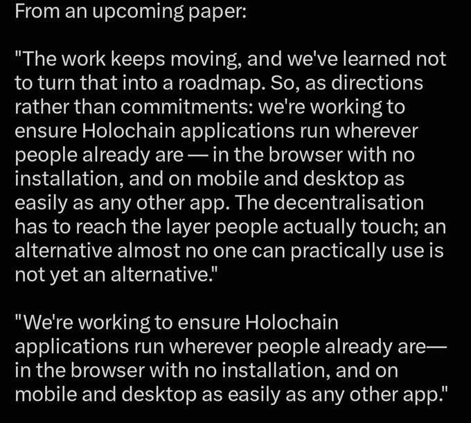 A black screen displays white text excerpted from an upcoming paper discussing Holochain applications running in browsers and on mobile devices without installation.
