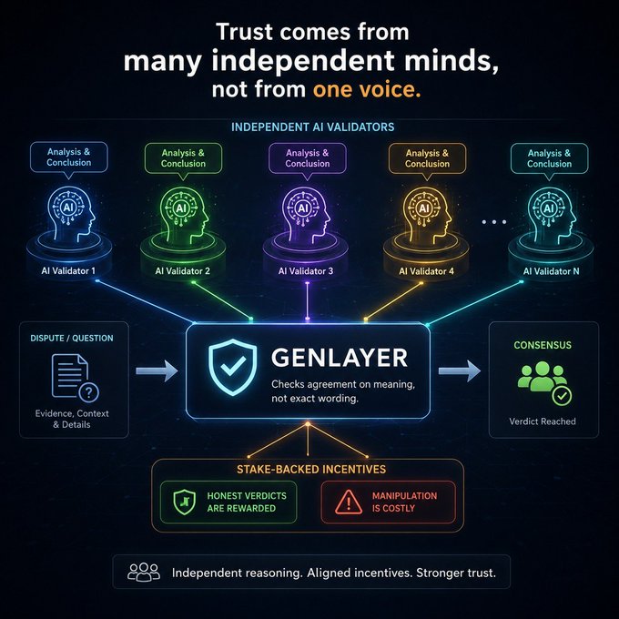 A GenLayer infographic titled 'Trust comes from many independent minds, not from one voice,' showing a flow diagram of independent AI validators reaching consensus on disputes, with stake-backed incentives rewarding honest verdicts and penalizing manipulation.