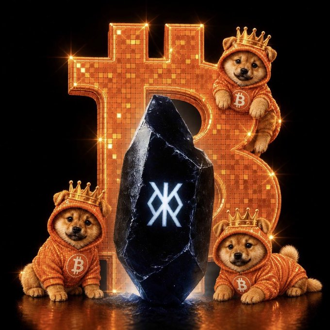The image features three small dogs wearing hoods, each with a different color - orange for one dog, brown for another, and white for the third. They are all sitting next to a large rock that has the letters "B" and "X" on it. The background of the image is black, which contrasts with the colorful elements in the foreground. The caption at the bottom of the image reads: "Bitcoin Native Assets are the future. Study $DOG & Runestone."