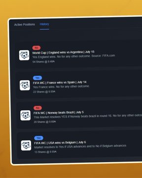 A screenshot of an 'Active Positions / History' tab showing sports betting outcomes, including World Cup (England vs Argentina), FIFA WC (France vs Spain), FIFA WC (Norway beats Brazil), and FIFA WC (USA wins on Belgium) with shared counts and losses shown.