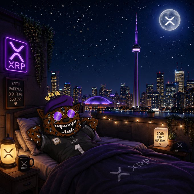 A nighttime cityscape featuring the CN Tower, with a leopard character in bed wearing XRP goggles, surrounded by XRP signage and a moon displaying the XRP logo.