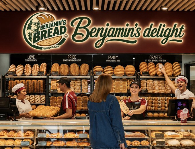 The storefront of 'Benjamin's Bread' bakery with the tagline 'Benjamin's delight,' displaying various breads and pastries with staff in red and white uniforms serving customers.