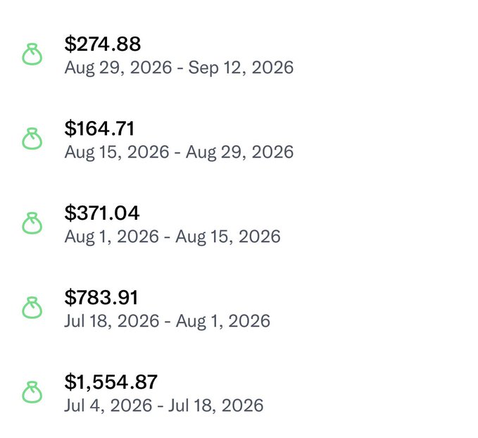 A list of payment amounts and date ranges including '$274.88 Aug 29, 2026 - Sep 12, 2026', '$164.71 Aug 15, 2026 - Aug 29, 2026', '$371.04 Aug 1, 2026 - Aug 15, 2026', '$783.91 Jul 18, 2026 - Aug 1, 2026', and '$1,554.87 Jul 4, 2026 - Jul 18, 2026', each marked with a green ring icon.