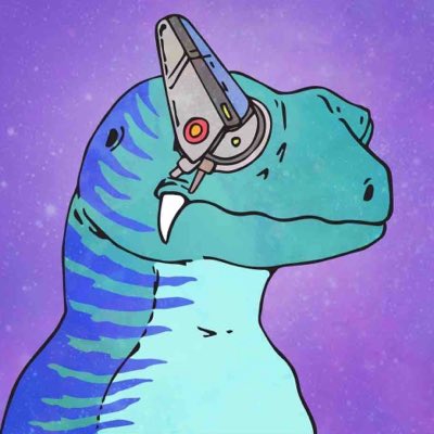 An illustration of a blue and green dinosaur with a robotic/mechanical head part on a purple starry background.