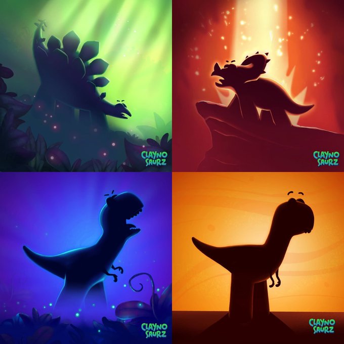 A four-panel illustration signed 'Clayno SauRz' featuring dinosaur silhouettes in colorful, atmospheric scenes with green, red, blue, and orange backgrounds.