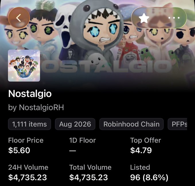 The image shows a NFT collection page for "Nostalgio" by NostalgioRH, featuring 1,111 items on Robinhood Chain with a floor price of $5.60 and 24H volume of $4,735.23. The "Fcfs was open for over 10mins too" comment likely refers to the first-come-first-serve mint window remaining open despite demand metrics, suggesting a relatively accessible mint given the modest floor price and limited 96 listed items (8.6%).