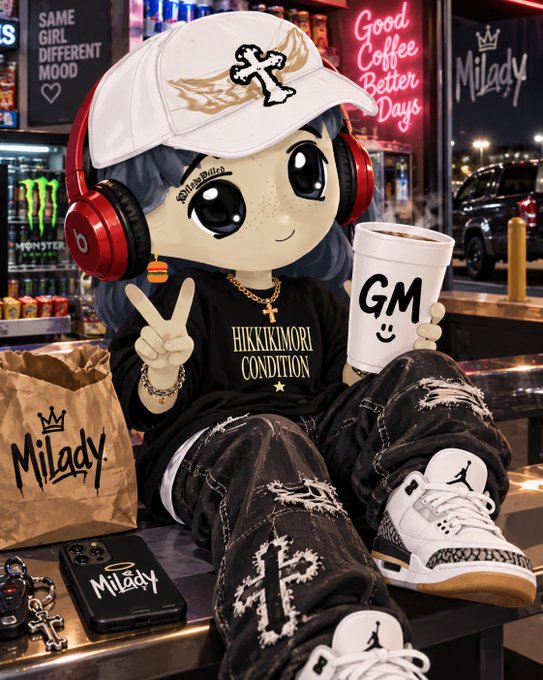 An anime/chibi-style character wearing a white cap, red Beats headphones, and a 'HIKKIKIMORI CONDITION' shirt, holding a 'GM' coffee cup while making a peace sign, in a convenience store setting.