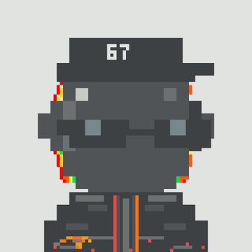 A pixel art illustration of a dark gray robot or character with a cap displaying the number '67', featuring glitchy red, yellow, and green color distortions on its edges.