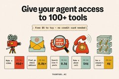 The image is a promotional graphic for TaskRail.ai, headlined "Give your agent access to 100+ tools," showing that the platform offers free AI access with no credit card required and highlights performance metrics including 424+ tools, 4.2s average response time, 0.5s median latency, 54 cents per call, and 44 cents per task. It relates to the accompanying post about AI agents, agentic payments, and bitcoin/Lightning as long-term payment rails, with TaskRail.ai appearing to be a tool that enables AI agents to handle tasks and payments autonomously.