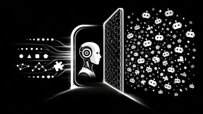 A robotic head peers through a digital barrier, with structured data patterns on one side and a chaotic swarm of bot icons breaking through on the other, illustrating the concept of "iCaptcha" — a system designed to prove you're not an automated script rather than proving you're human.