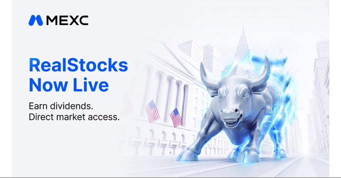 A MEXC promotional banner announces "RealStocks Now Live" with the tagline "Earn dividends. Direct market access," featuring a glowing metallic bull statue set against a backdrop of classical financial architecture and American flags—visually reinforcing the post's message about MEXC's diverse stock product offerings tailored to different market strategies.
