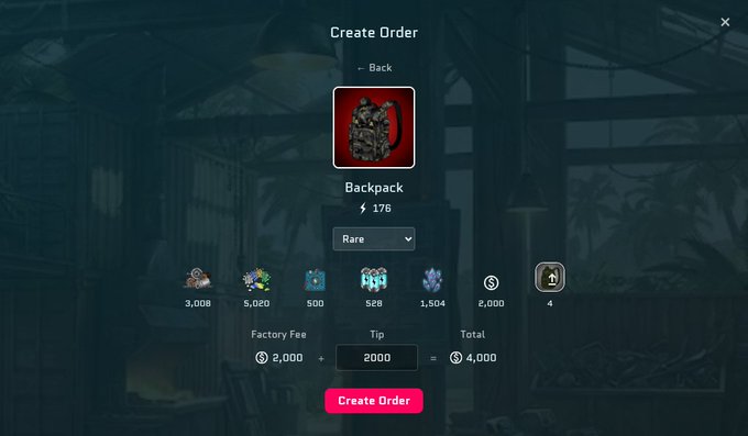 A 'Create Order' screen from a video game showing a 'Backpack' item priced at $176 with 'Rare' rarity, displaying a factory fee of 2,000, tip of 2,000, and total of $4,000.