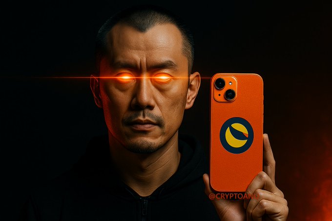 A digitally rendered man with glowing red eyes holds up an orange smartphone featuring a yellow and blue crypto-style logo, watermarked @CRYPTOAMG.