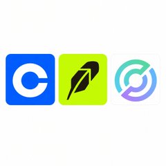 Three app icons are shown side by side: a blue 'C' logo, a green feather/quill icon, and a purple and teal swirl logo.
