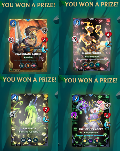 Four 'YOU WON A PRIZE!' notifications from a card game displaying cards: Dragonfang Lancer (Avian), Magmaforged (Elemental), Phlecmor (Divine Construct), and Anchorhex Adept (Rodentian).