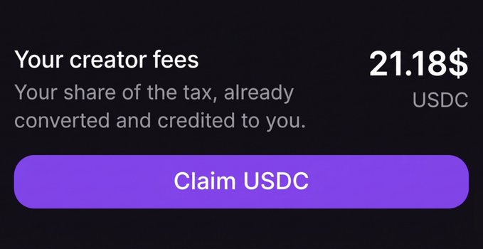 A dark digital interface shows 'Your creator fees' of '21.18$ USDC' above a purple 'Claim USDC' button.