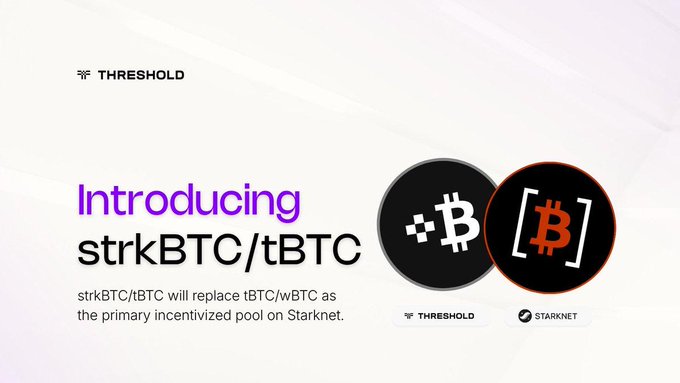 A promotional graphic from Threshold announcing the introduction of strkBTC/tBTC to replace tBTC/wBTC as the primary incentivized pool on Starknet, featuring Bitcoin logos.