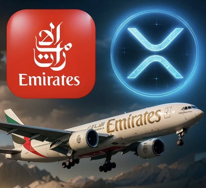 The image shows an Emirates airplane (with the airline's red logo and "Emirates" branding visible on the fuselage) beneath a glowing blue XRP cryptocurrency symbol, visually representing the post's announcement that Emirates is now accepting XRP and crypto payments for flights.