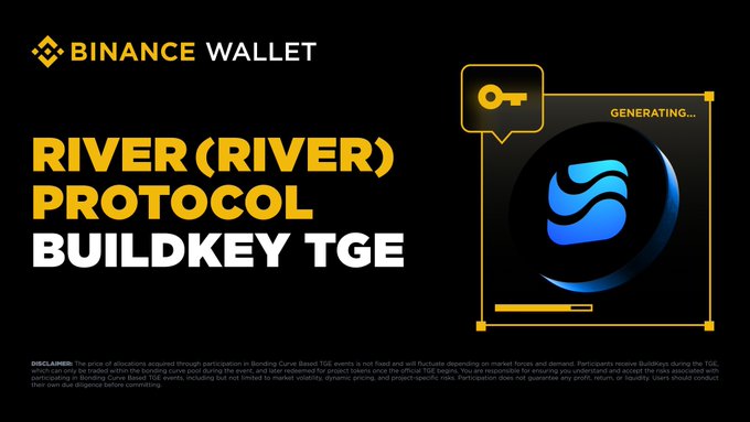 A Binance Wallet promotional banner for RIVER (RIVER) Protocol BuildKey TGE, featuring the RIVER logo with a 'GENERATING...' indicator and a yellow key icon.