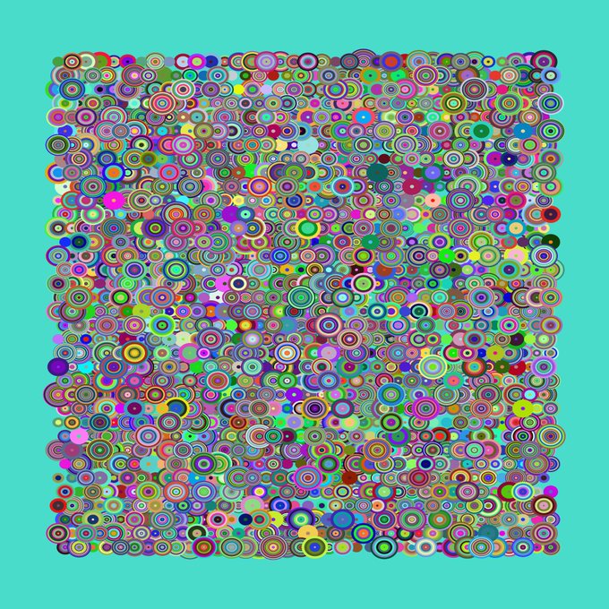 A dense, colorful, procedurally generated pattern of overlapping concentric circles in various hues against a solid teal background.