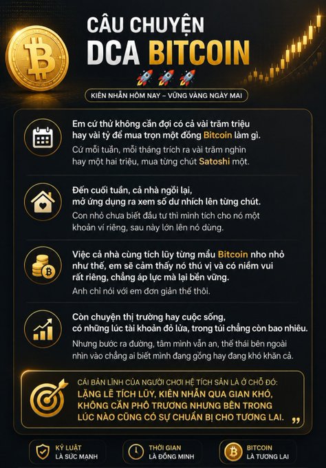 An infographic titled 'CÂU CHUYỆN DCA BITCOIN' in Vietnamese, illustrating the story of a casual Bitcoin investor who achieved significant wealth through Dollar-Cost Averaging strategy.