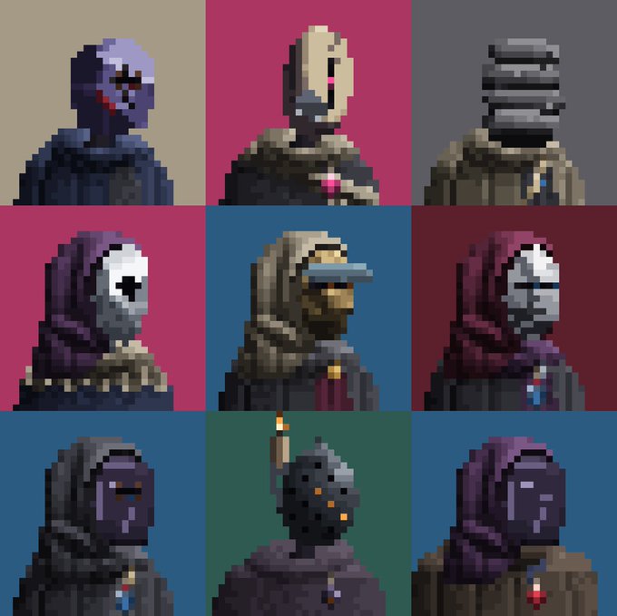 A 3x3 grid of pixel-art portraits featuring various masked and hooded figures, including characters resembling Groot and a candle-topped figure, in a retro video game style. The collection appears to be a charity-driven NFT project, where purchasers donate to @SavetheChildren via ETH mainnet to mint these unique pixelated avatars.