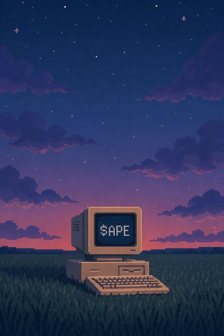 A pixel art scene of a retro beige computer monitor displaying "$APE" sitting in a grassy field under a twilight sky with purple clouds and stars.