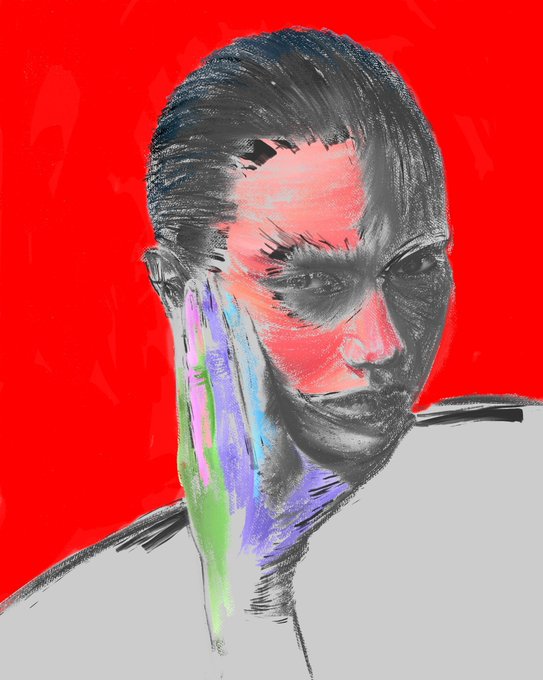 A digital portrait artwork featuring a face rendered in bold red, black, and gray tones against a vibrant red background, with colorful drips of paint flowing down from the ear. The piece, titled "Unrevised memories," is a 1/1 NFT artwork offered for 50 tez on the Tezos blockchain.