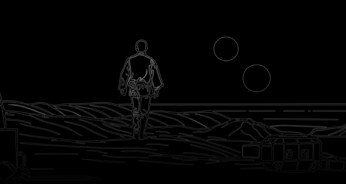 A stylized line drawing on a black background depicts a figure standing on a desolate planet, looking out at a landscape with two circular celestial bodies in the dark sky.