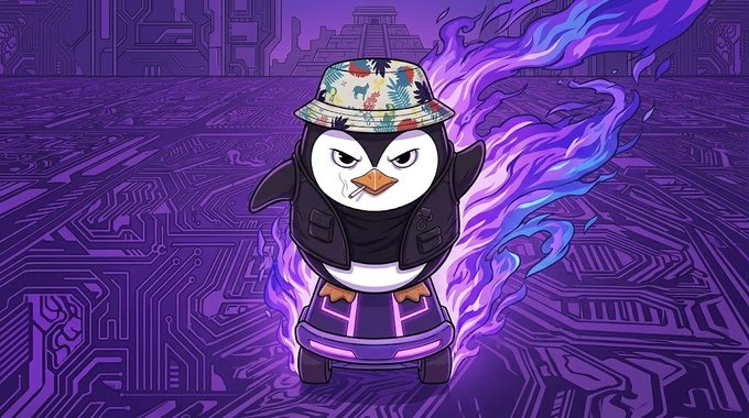 A stylized penguin NFT character wearing a bucket hat and black vest rides a hoverboard while trailing purple flames across a circuit-board landscape, matching the post's promotion of a limited "Ink Penguin NFT" airdrop for the first 500 sign-ups via the Google Form link.