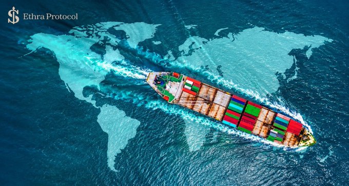 A container ship sails across an ocean overlaid with a world map, symbolizing global maritime trade being brought onchain. The image features the "Ethra Protocol" logo in the top left corner, visually reinforcing the post's message about connecting maritime infrastructure with Web3.