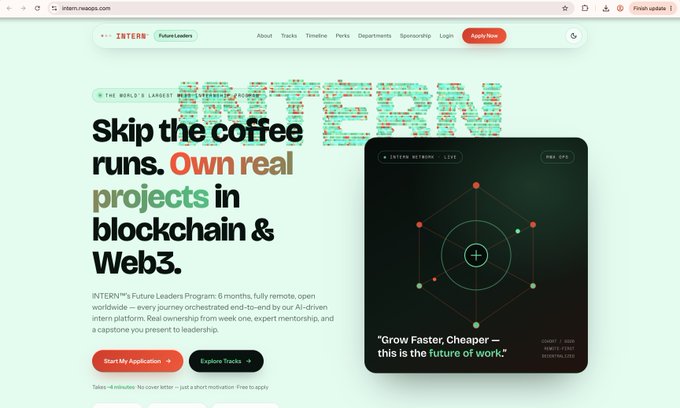 A screenshot of the INTERN website promoting their "Future Leaders" program with the headline "Skip the coffee runs. Own real projects in blockchain & Web3." and a "Start My Application" button.