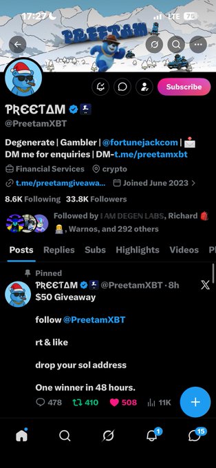 A Twitter profile for 'Preetam' (@PreetamXBT) shows a pinned post announcing a '$50 Giveaway'.