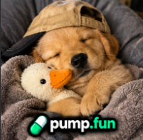 A golden retriever puppy wearing a tan cap cuddles a small plush duck toy while wrapped in a gray blanket, with a 'pump.fun' logo in the lower right corner.