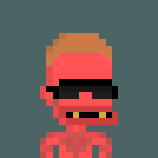 A simple pixel-art character with orange hair, black sunglasses, red clothing, and a small yellow-and-black mouth detail stands against a muted teal background.