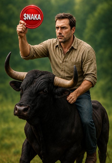 A man in a tan shirt rides a large black bull through a green field while holding up a red circular badge with '$NAKA' written on it in white text.