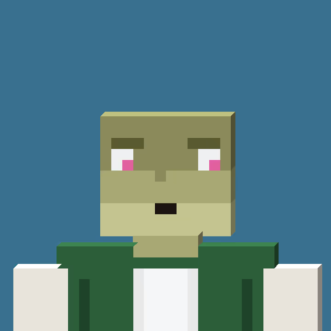 A pixel-art NFT character with a square green/olive head, white eyes with pink pupils, and a green shirt against a solid blue-gray background.