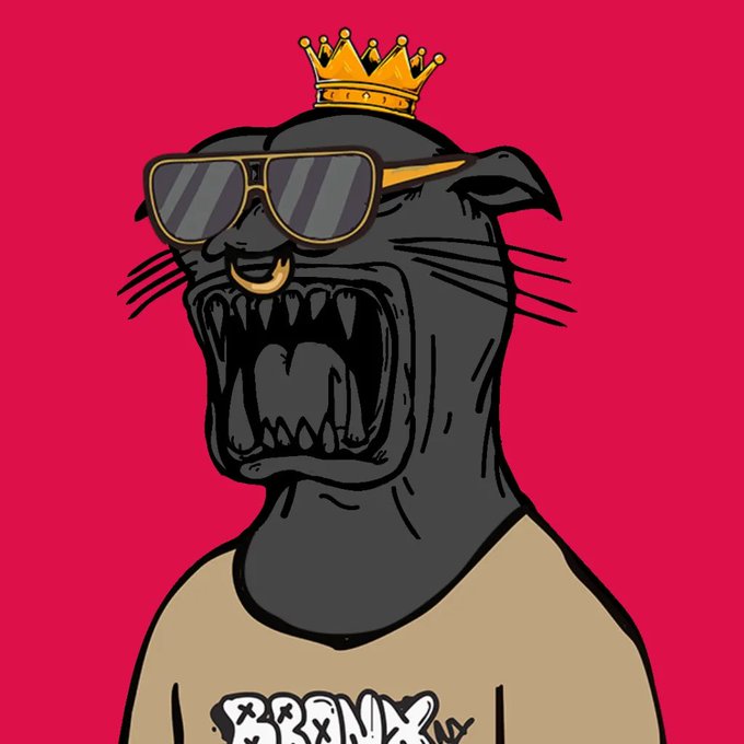 A cartoon illustration of a roaring black panther wearing a gold crown, sunglasses, and a nose ring, with "BRNX" text on its shirt, relating to the NFT gift and @ShittyPanther creator mentioned in the post.