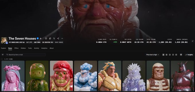 A screenshot of an NFT collection page titled 'The Seven Houses' displaying various stylized character avatars including a pink figure, camo figure, and ice creature, with stats showing floor price of 0.0654 ETH.