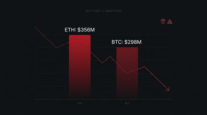 A dark chart titled "OUTFLOW / LIQUIDATION" with a skull icon shows red bars labeled "ETH: $356M" and "BTC: $298M" alongside a downward-trending line graph.