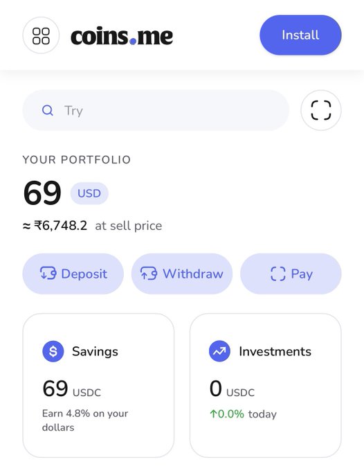 The image shows the Coins.me app portfolio screen displaying a $69 USD balance (≈ ₹6,748.2) in USDC savings, referencing the "$69" mentioned in the giveaway post to humorously support the claim of receiving that exact amount.